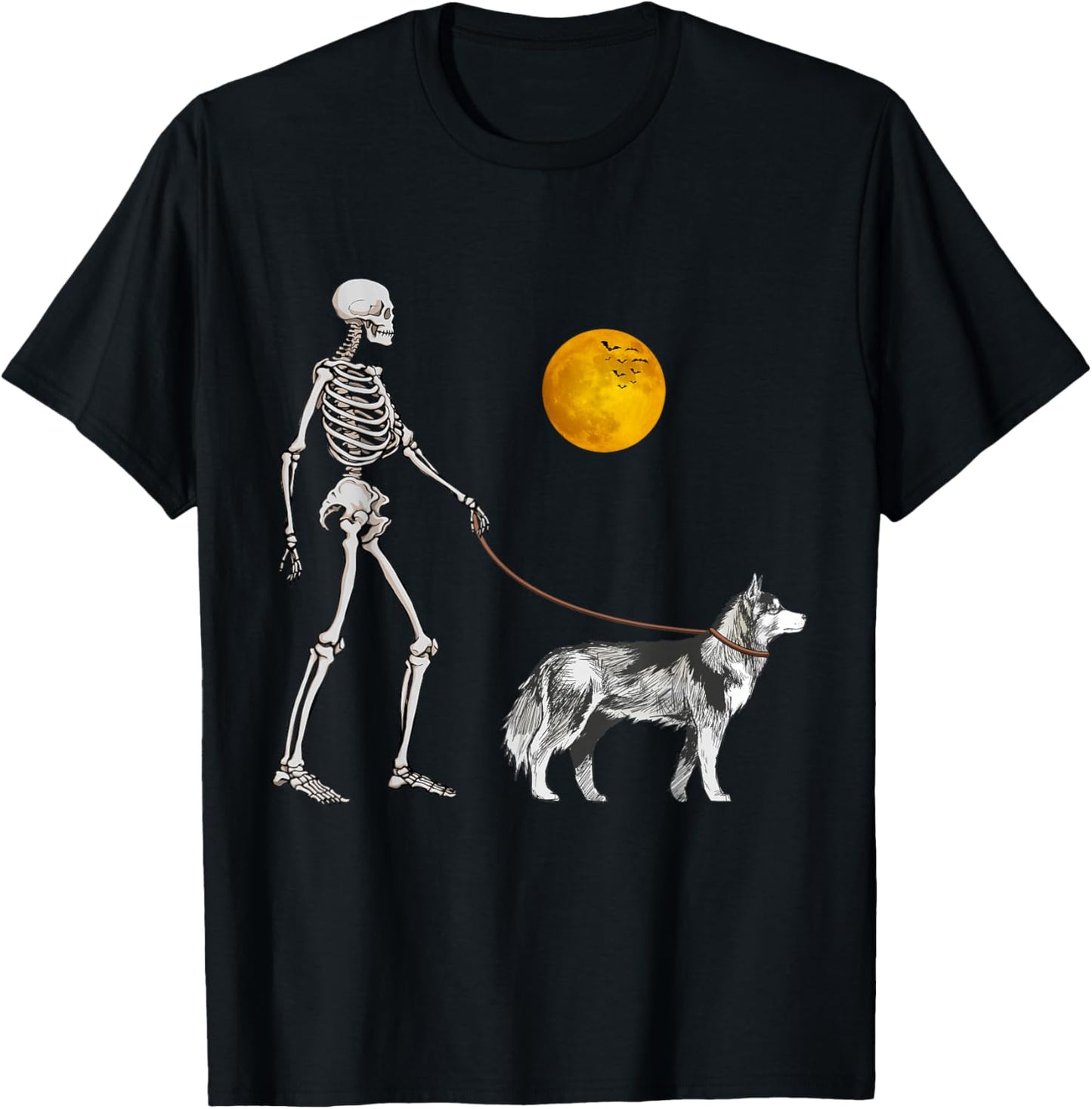 Siberian Husky Skeleton Dog Walking Halloween Costume T-Shirt - T-Shirt | Black