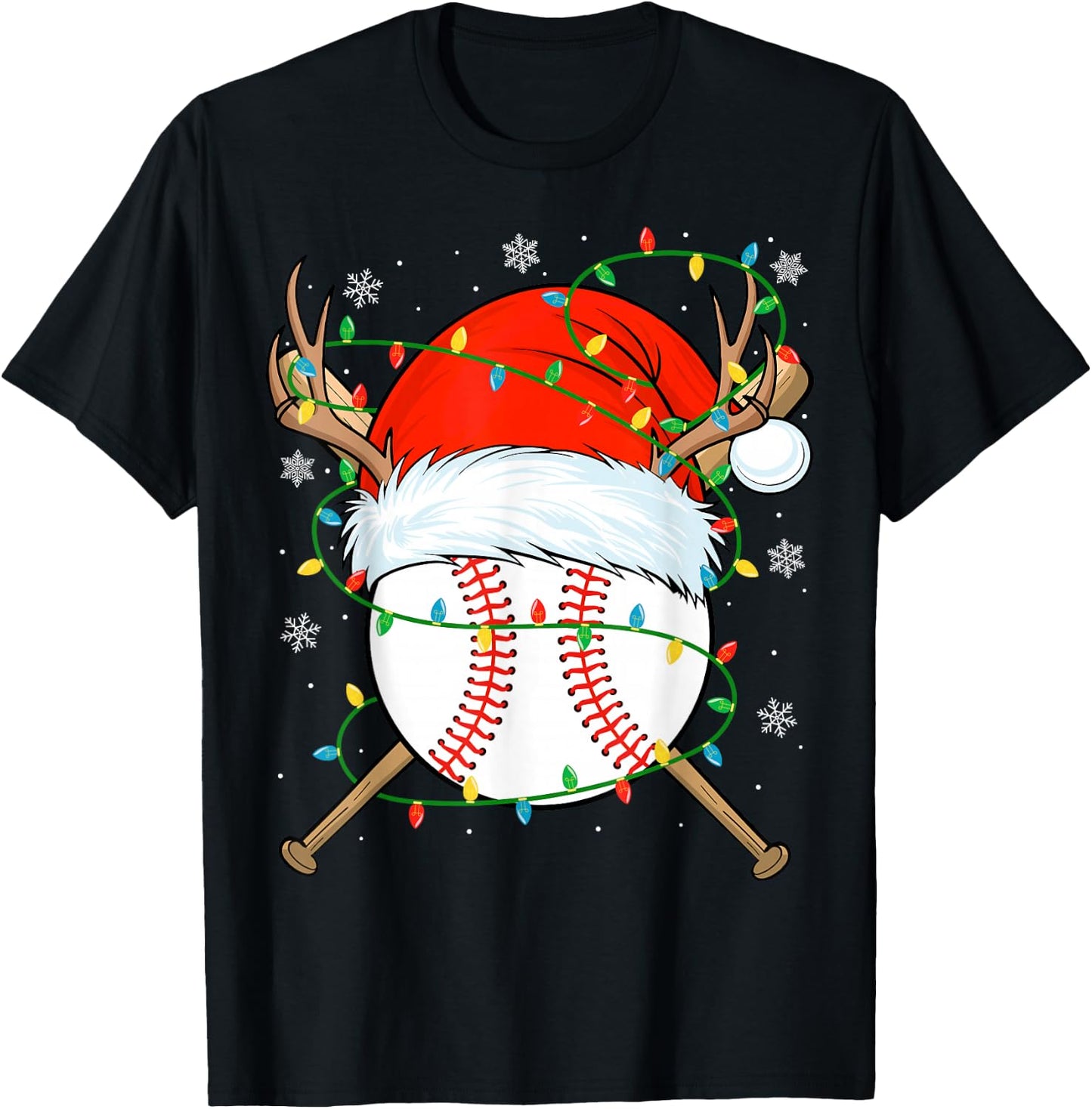 Santa Baseball Ball Xmas Lights Christmas Baseball Player T-Shirt - T-Shirt | Black
