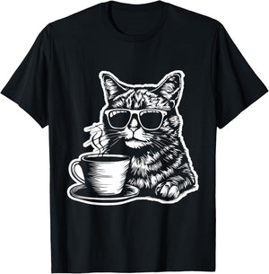 Cat Drinking Coffee Fun and Quirky Art Design Women Kids T-Shirt - T-Shirt | Black