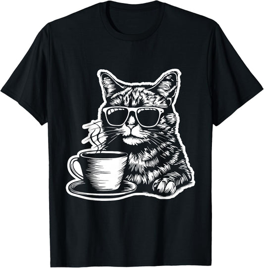Cat Drinking Coffee Fun and Quirky Art Design Women Kids T-Shirt - T-Shirt | Black