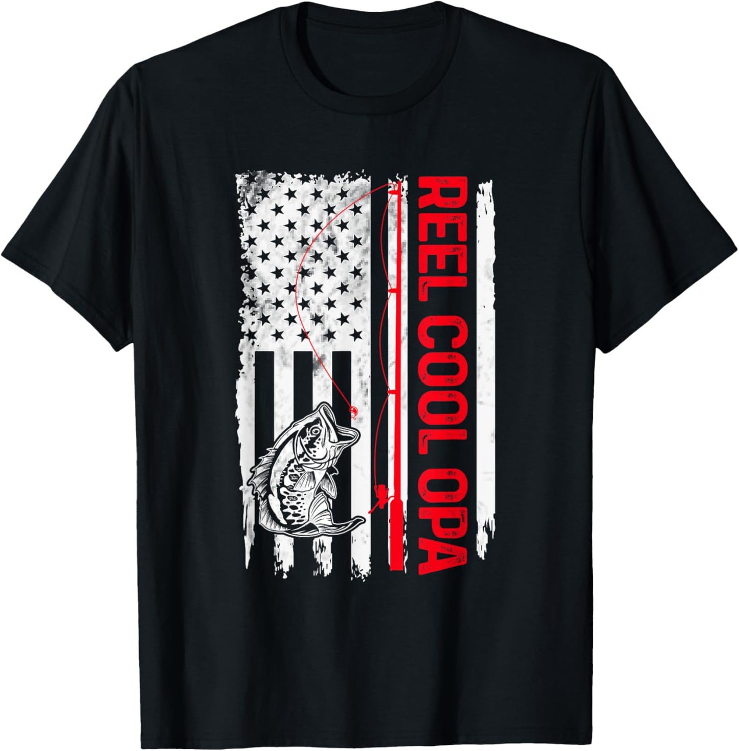 Reel Cool Opa Fishing American Flag Funny Grandpa T-Shirt - T-Shirt | Black