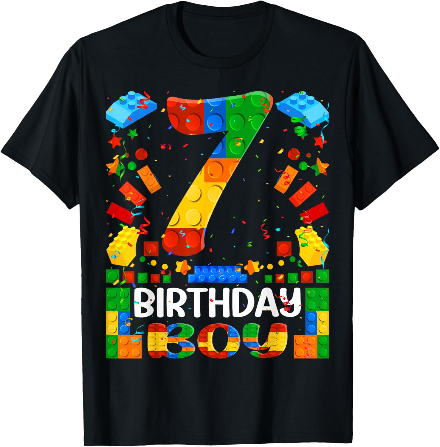 7 Year Old Building Blocks 7th Birthday Boy Brick Builder T-Shirt - T-Shirt | Black