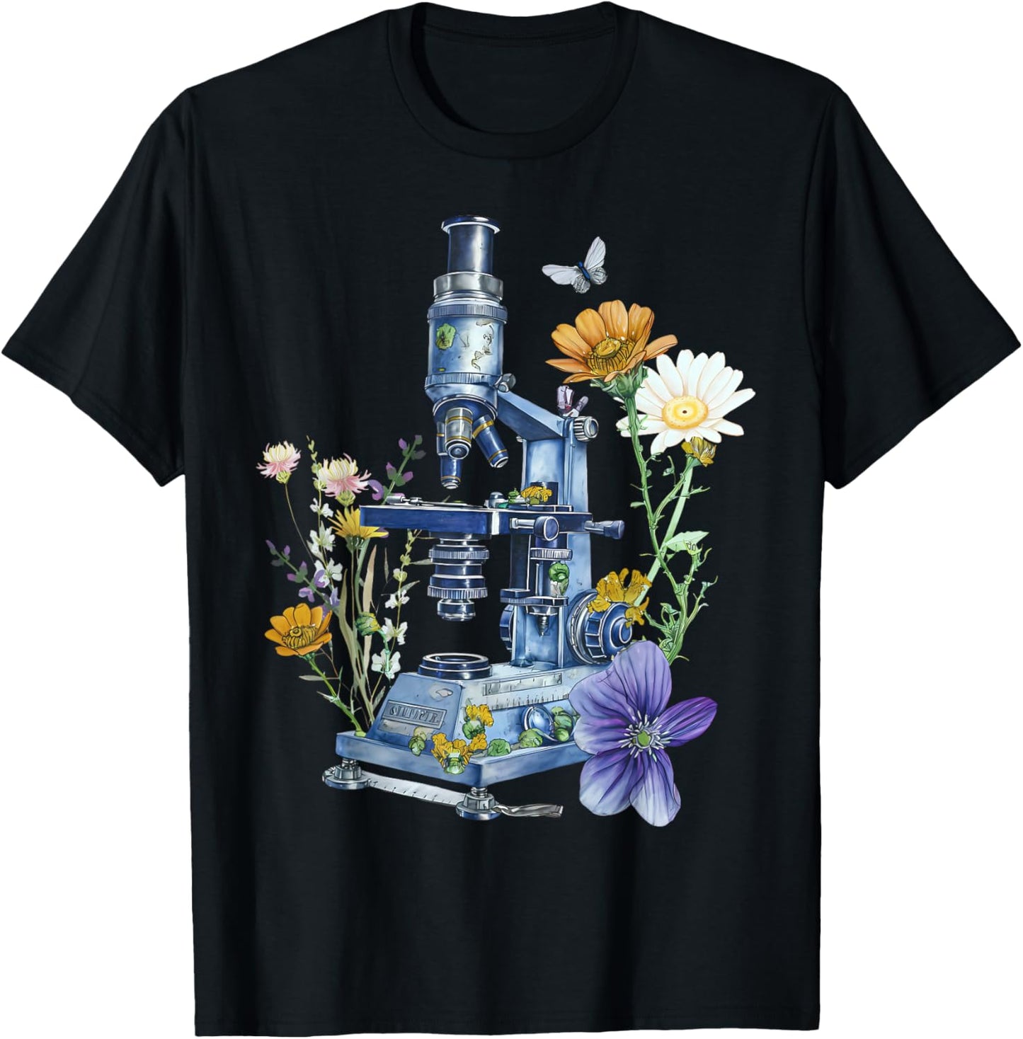 Medical Laboratory Technician Chemistry Floral Microscope Science Butterfly - Adults, Black, Small, Short Sleeve T-Shirt - T-Shirt | Black