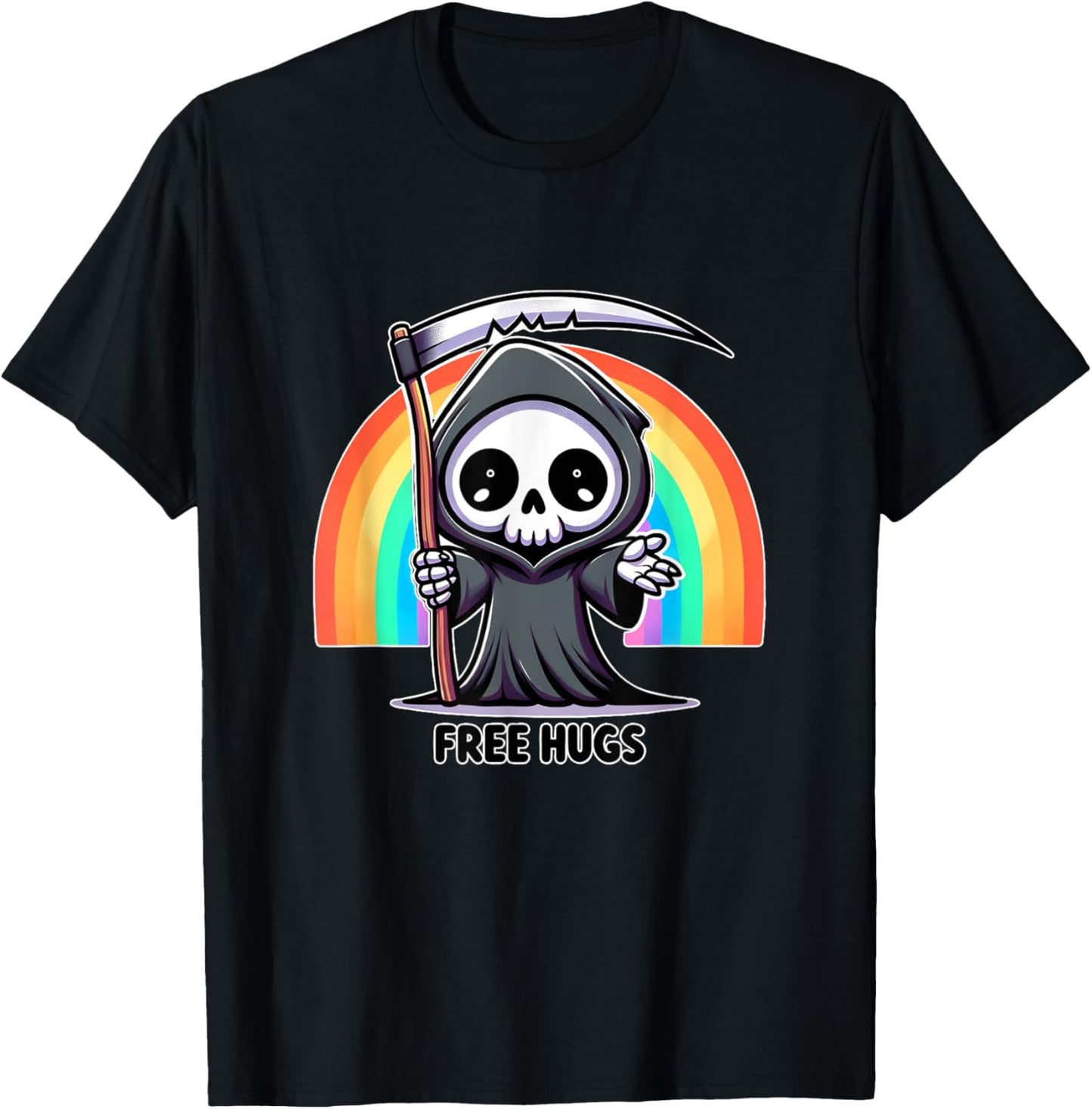 Skeleton Grim Reaper Halloween funny rainbow free hugs T-Shirt - T-Shirt | Black