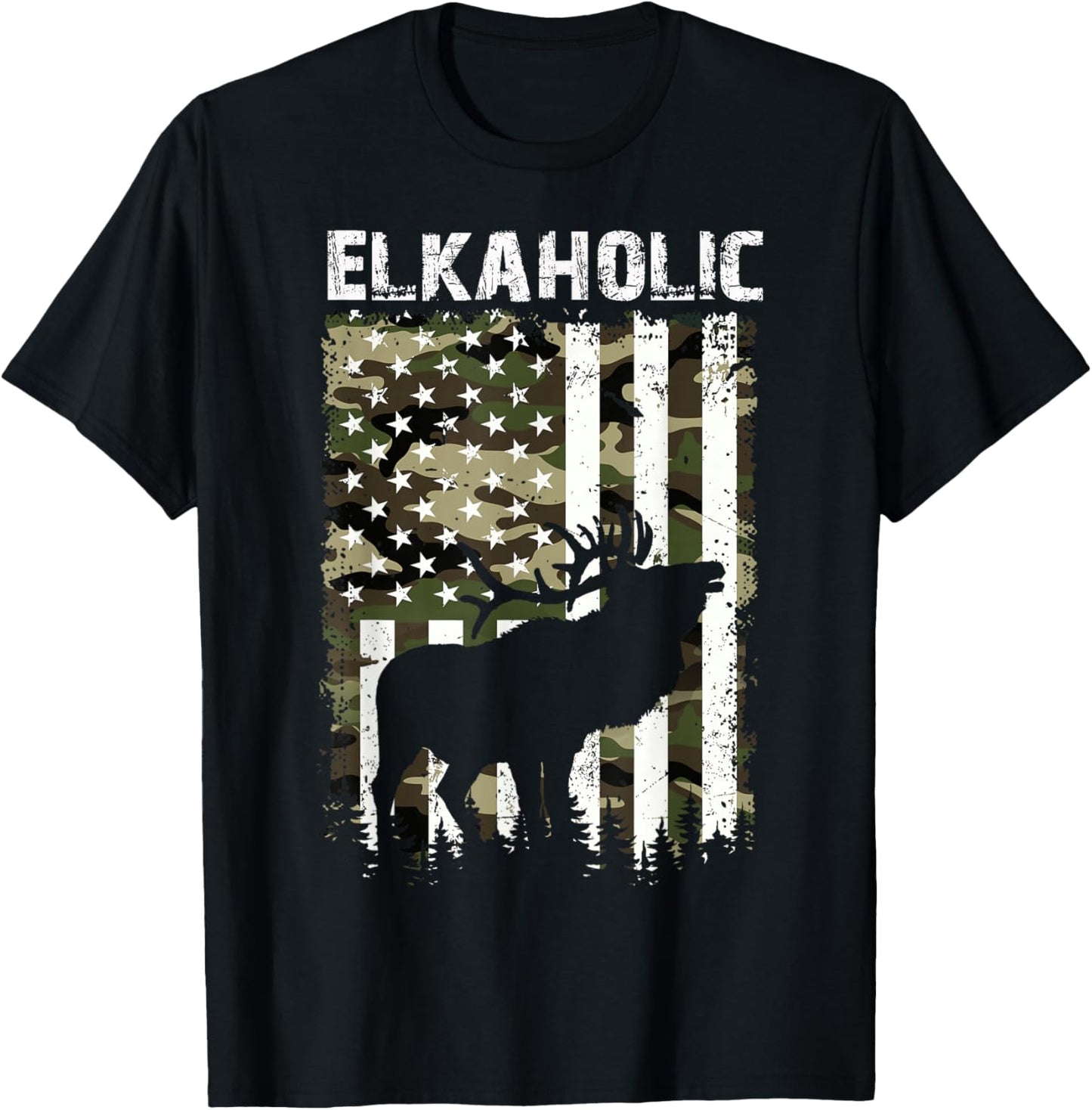 Elk Hunting Elkaholic Hunters Funny US Flag Hunting Lovers T-Shirt - T-Shirt | Black