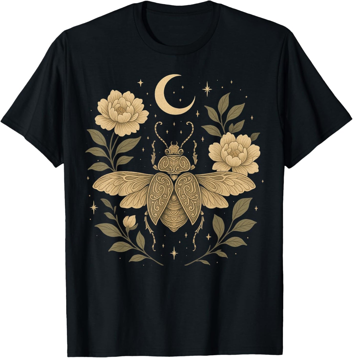 Celestial Beetle Bloom Mystical Insect Moon Garden boho T-Shirt - T-Shirt | Black