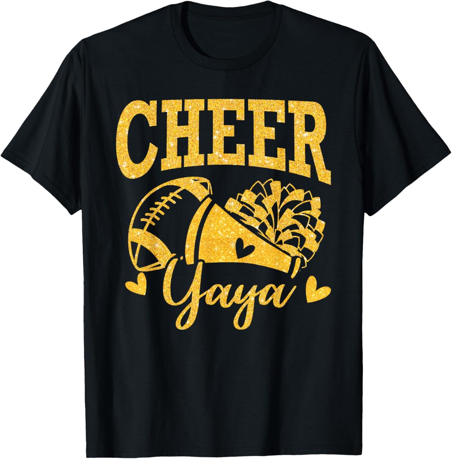 Cheer Yaya Biggest Fan Black Gold Pom Pom Mothers Day T-Shirt - T-Shirt | Black
