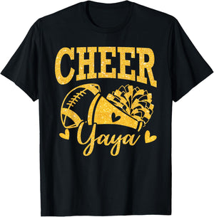 Cheer Yaya Biggest Fan Black Gold Pom Pom Mothers Day T-Shirt - T-Shirt | Black