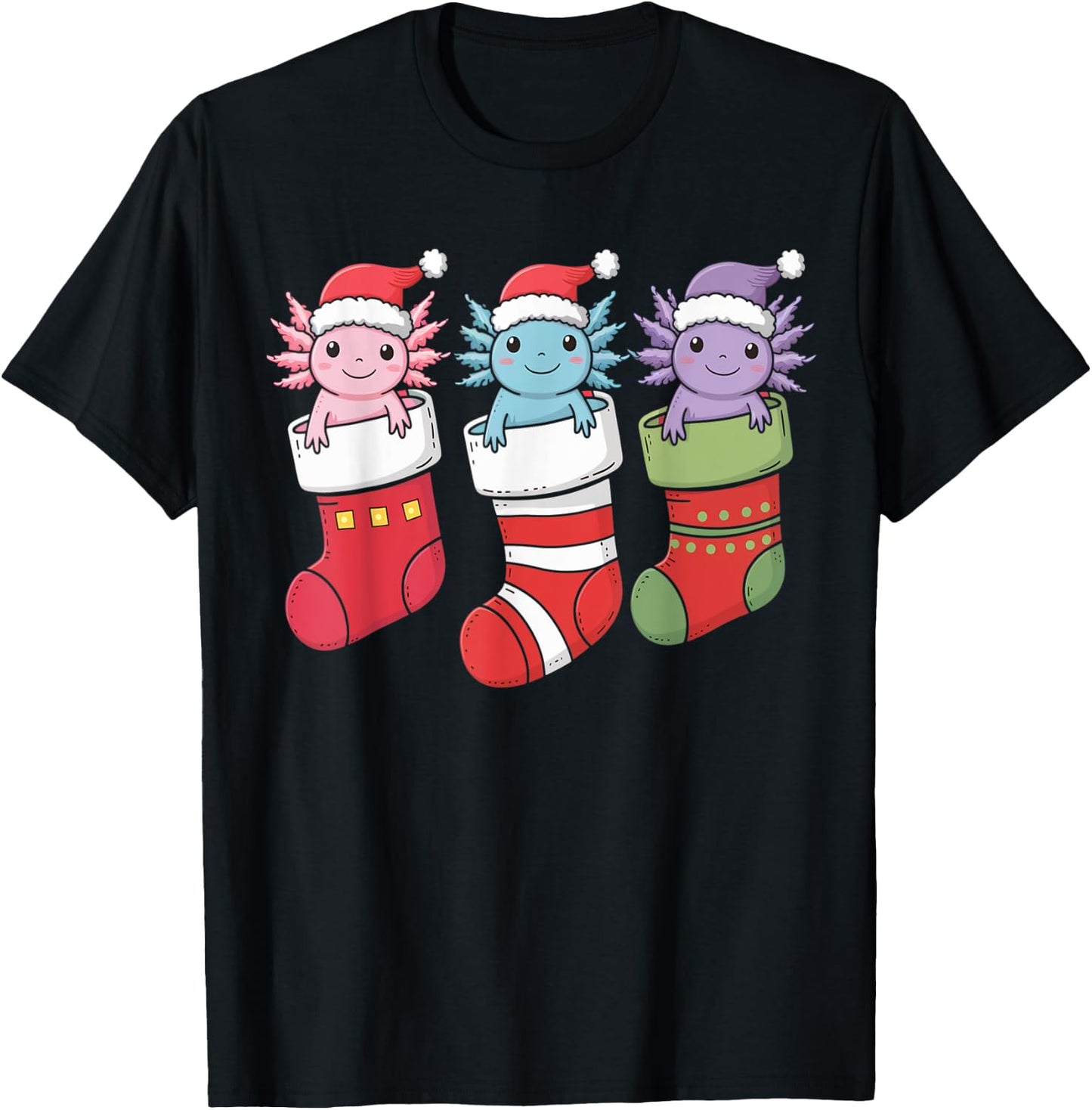 Axolotl Stocking Santa Hat Christmas Kawaii Holiday Xmas T-Shirt - T-Shirt | Black