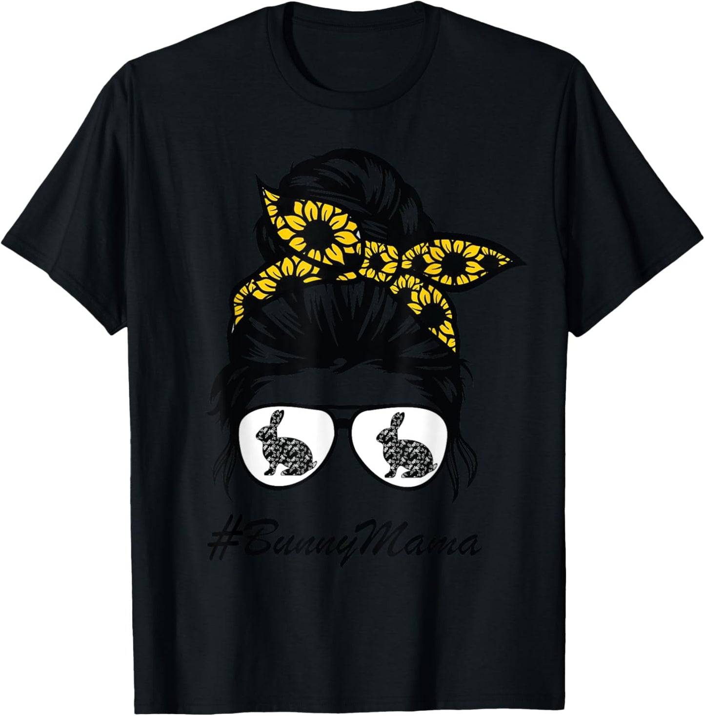Bunny Mama messy bun sunflower, rabbit mom messy bun hair T-Shirt - T-Shirt | Black