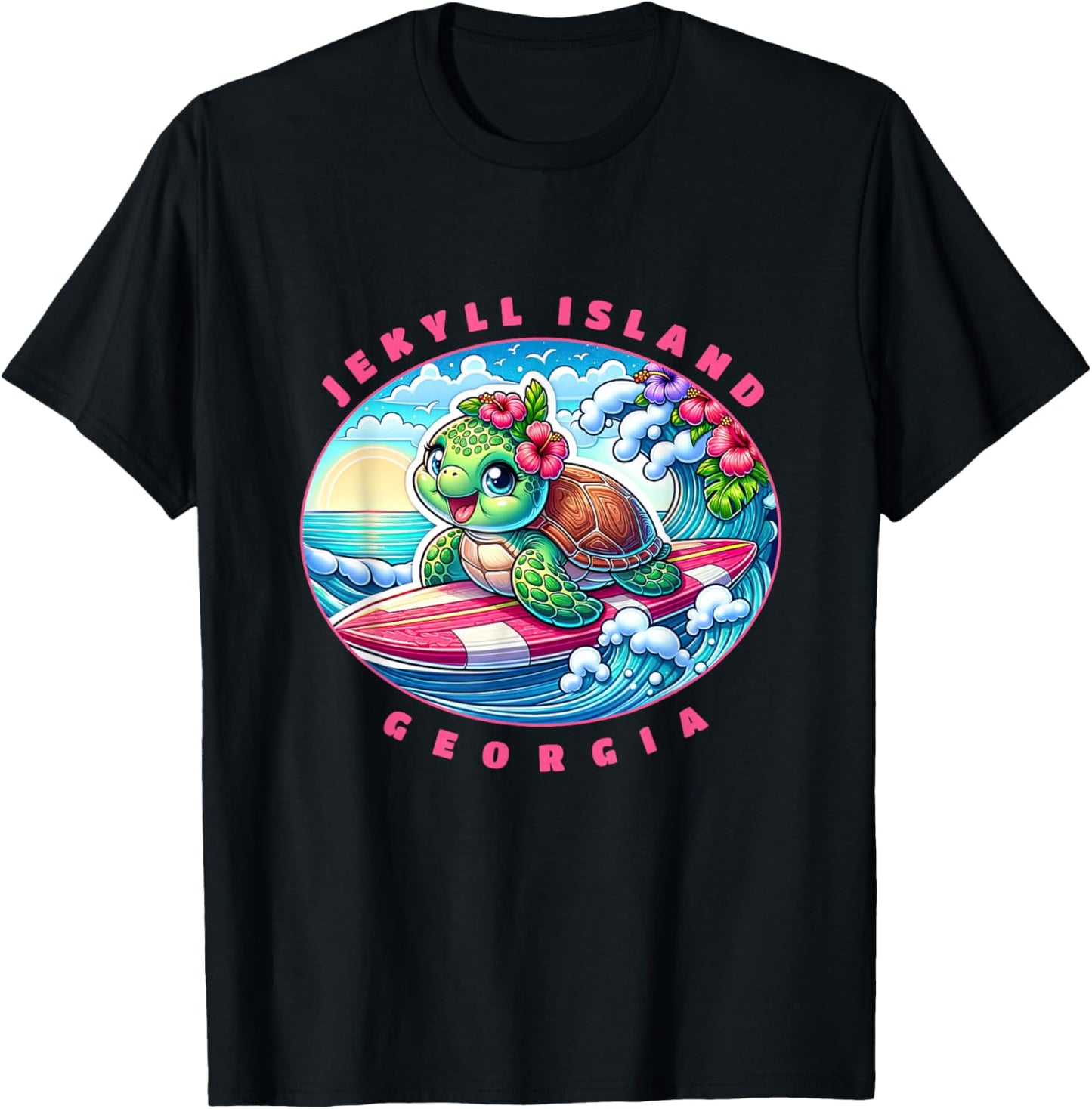 Jekyll Island Georgia Girls Cute Surfing Sea Turtle T-Shirt - T-Shirt | Black