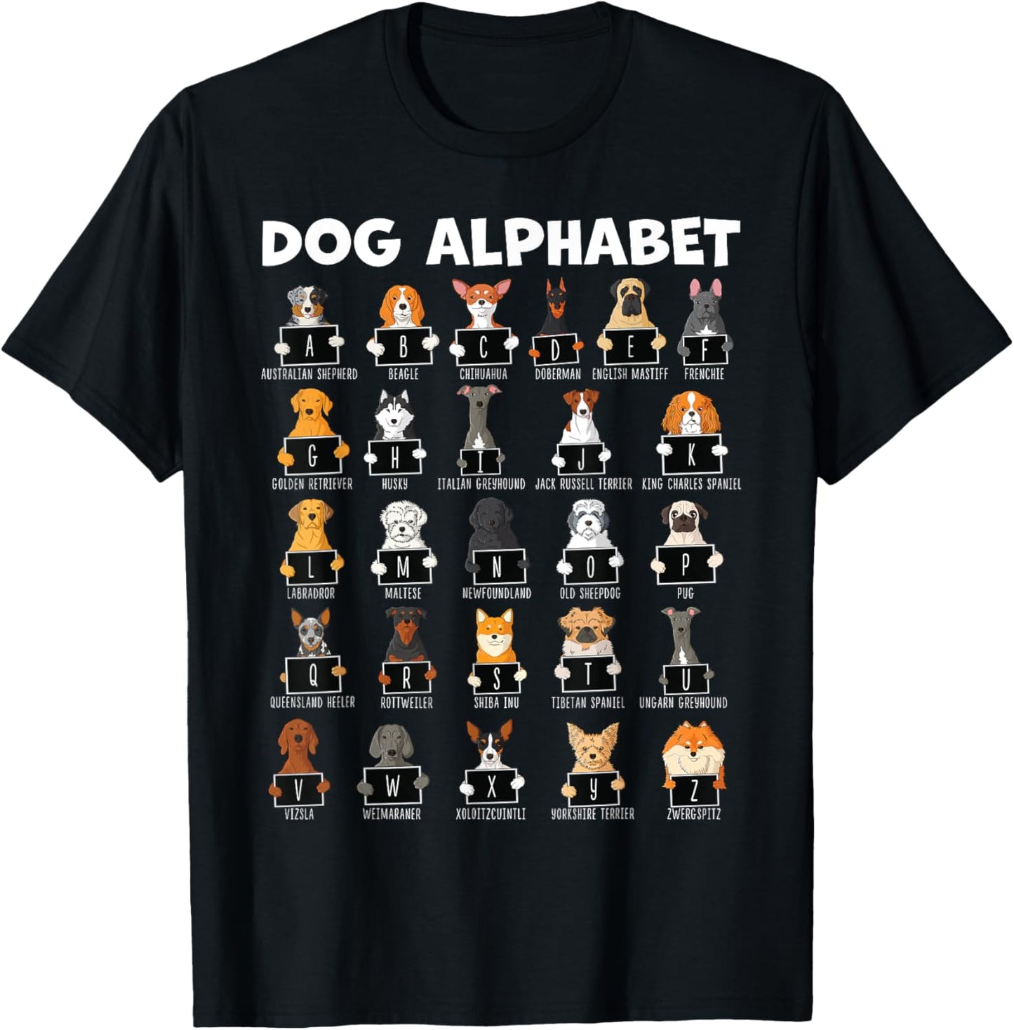 Types Of Dogs Alphabet A-Z ABC Dog Identification Women Girls Kids T-Shirt - T-Shirt | Black