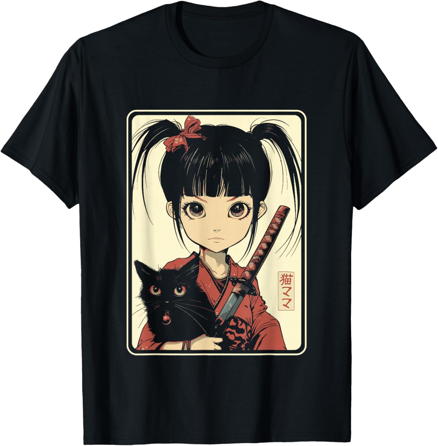 Japanese Gothic Kawaii Anime Samurai Cat Mom Woman Girls T-Shirt - T-Shirt | Black