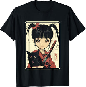 Japanese Gothic Kawaii Anime Samurai Cat Mom Woman Girls T-Shirt - T-Shirt | Black