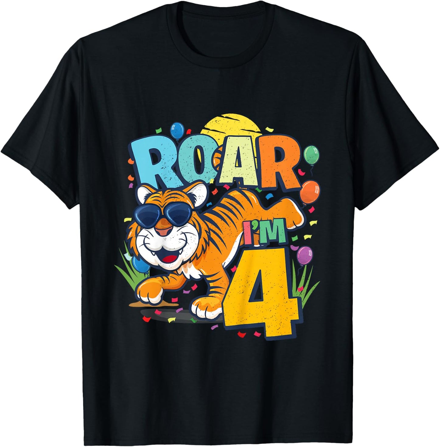 Kids 4th Birthday ROAR I'M 4 Year Old Boys Tiger Safari Gift Top T-Shirt - T-Shirt | Black