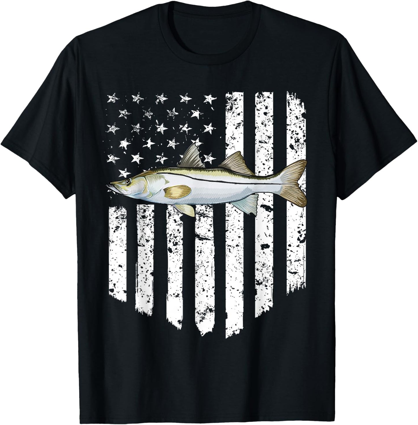 Black White American Flag Snook 4th Of July Fish T-Shirt - T-Shirt | Black