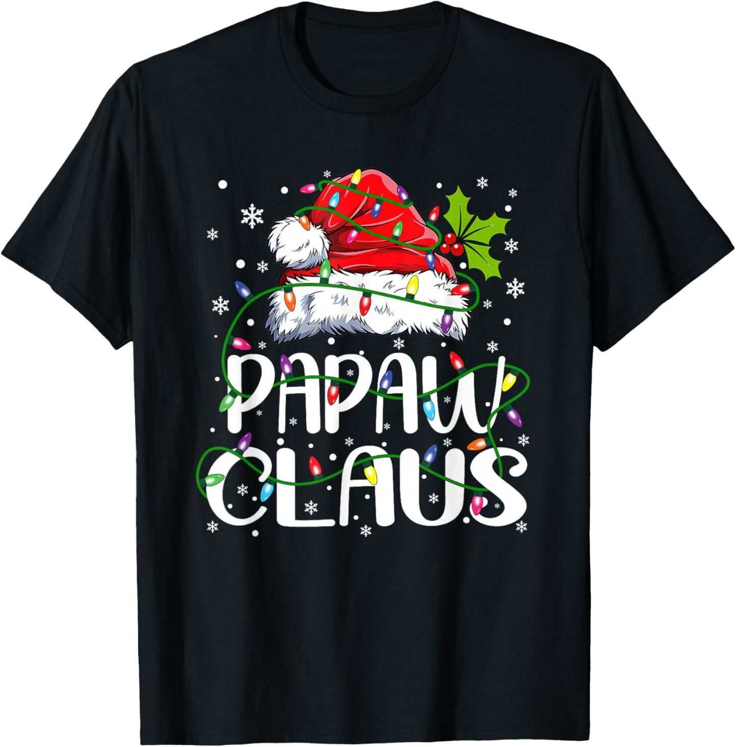 Papaw Claus Christmas Santa Hat Matching Family Xmas Lights T-Shirt - T-Shirt | Black