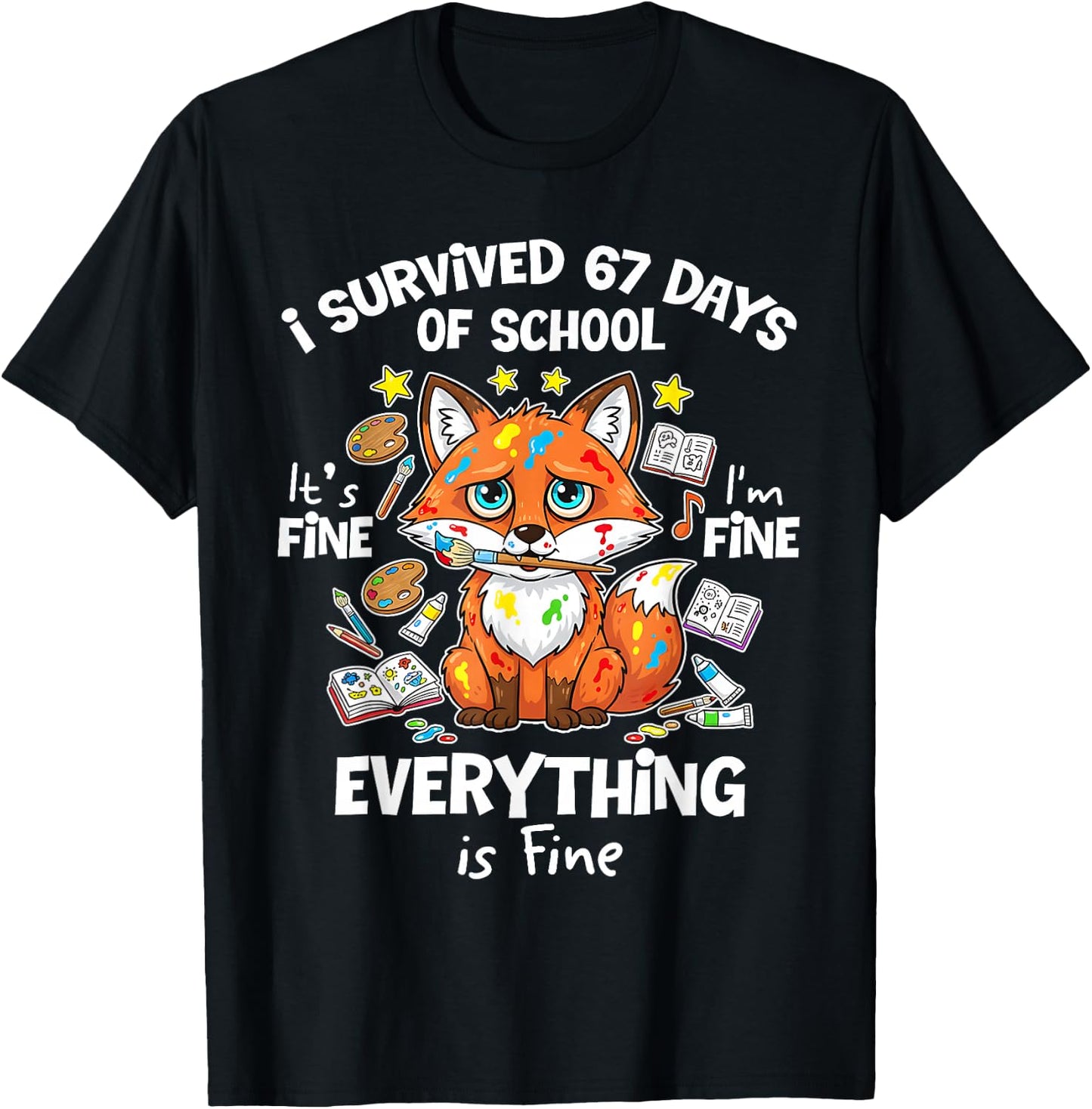 I Survived 67 Days of School Funny Six Seven Meme Fox Animal T-Shirt - T-Shirt | Black