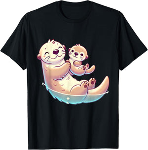 Mom and Baby Otter Mother Mama Mother's Day T-Shirt - T-Shirt | Black