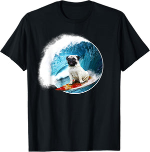 Funny Pug - Surfing Pug riding a ocean Wave on a Pizza T-Shirt - T-Shirt | Black
