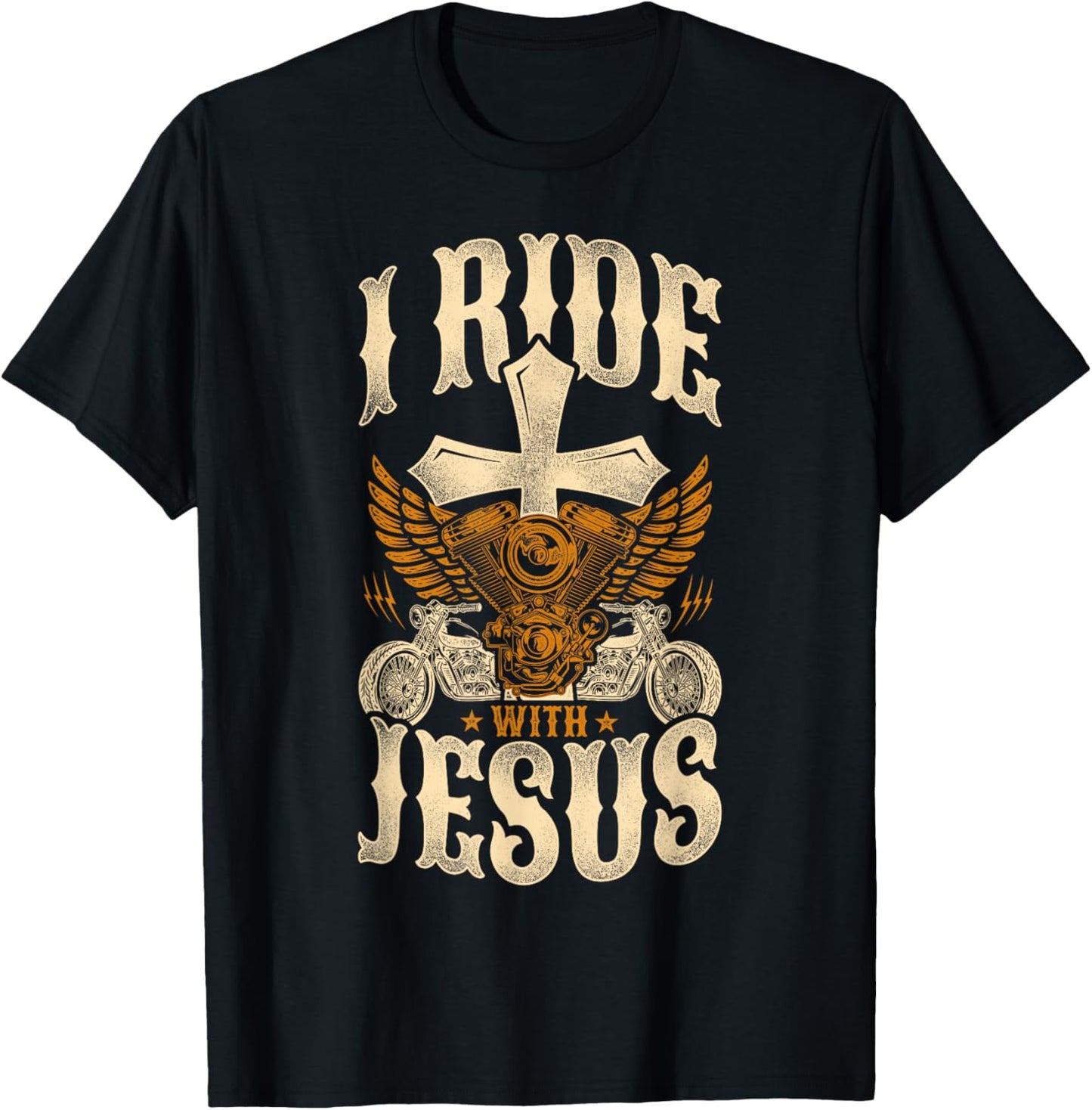 Classic Christian Motorcycle Biker I Ride With Jesus T-Shirt - T-Shirt | Black