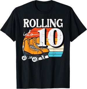 10th Birthday Rolling Into 10 Roller Skates Bday Girls Boys T-Shirt - T-Shirt | Black