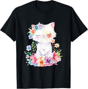 Cat with Flowers Cute Cats Forest Kitten Animal Daughter T-Shirt - T-Shirt | Black