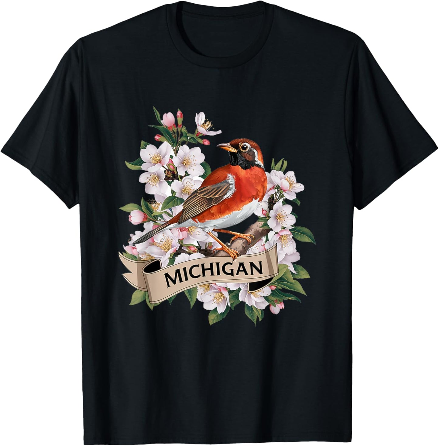 Michigan American Robin Bird and Apple Blossom Flower T-Shirt - T-Shirt | Black
