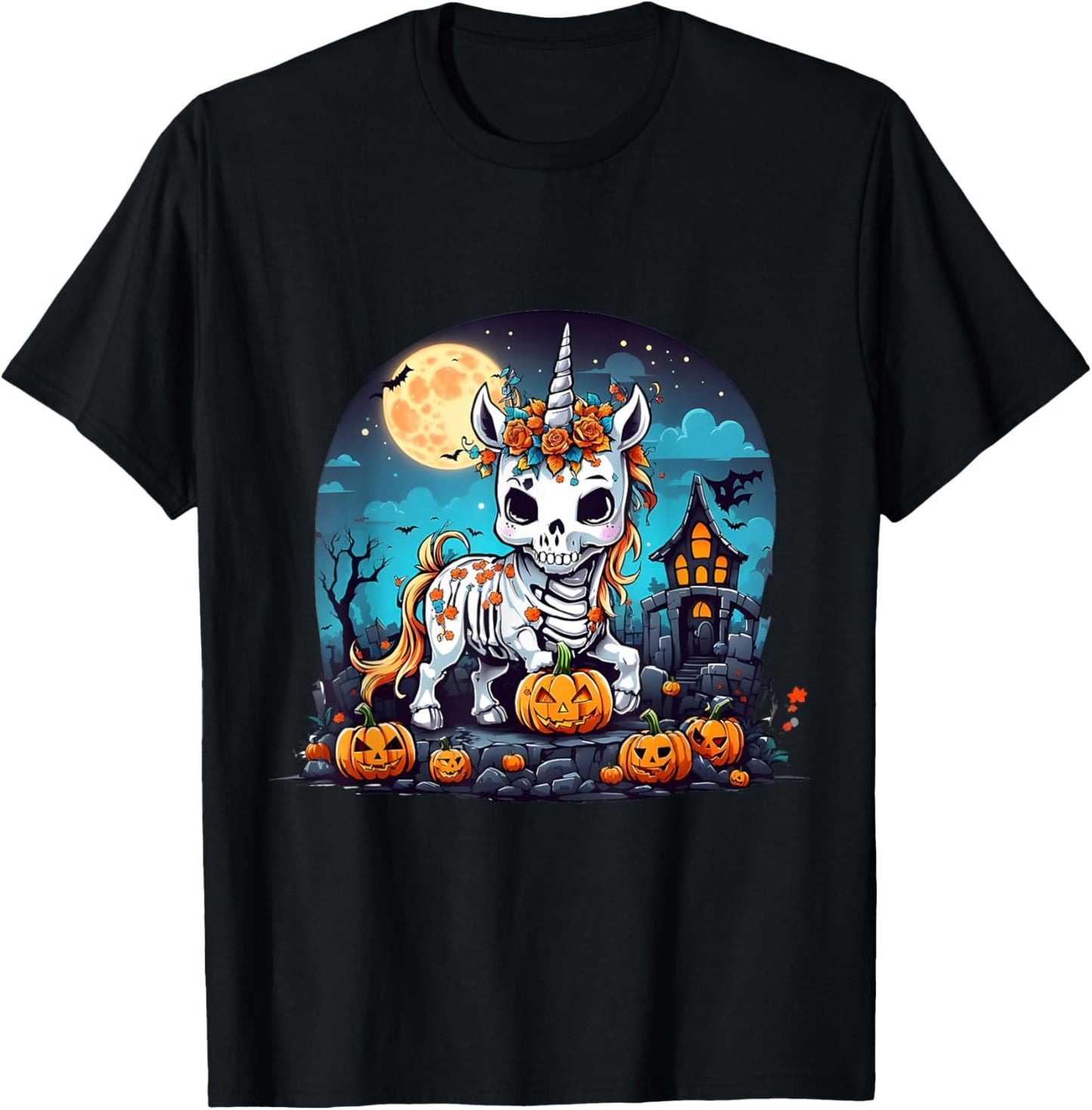 Cute Halloween Skeleton Unicorn Girls Women Witchy Halloween T-Shirt - T-Shirt | Black