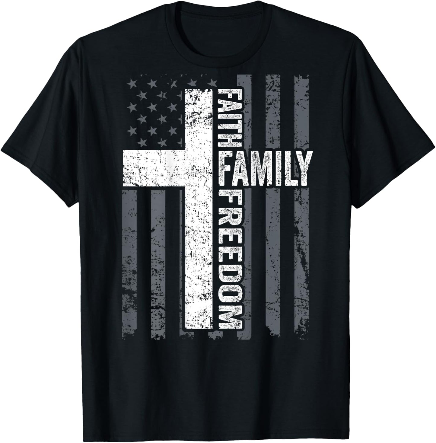 Faith Family & Freedom - Christian USA Cross Flag -ON Back T-Shirt - T-Shirt | Black