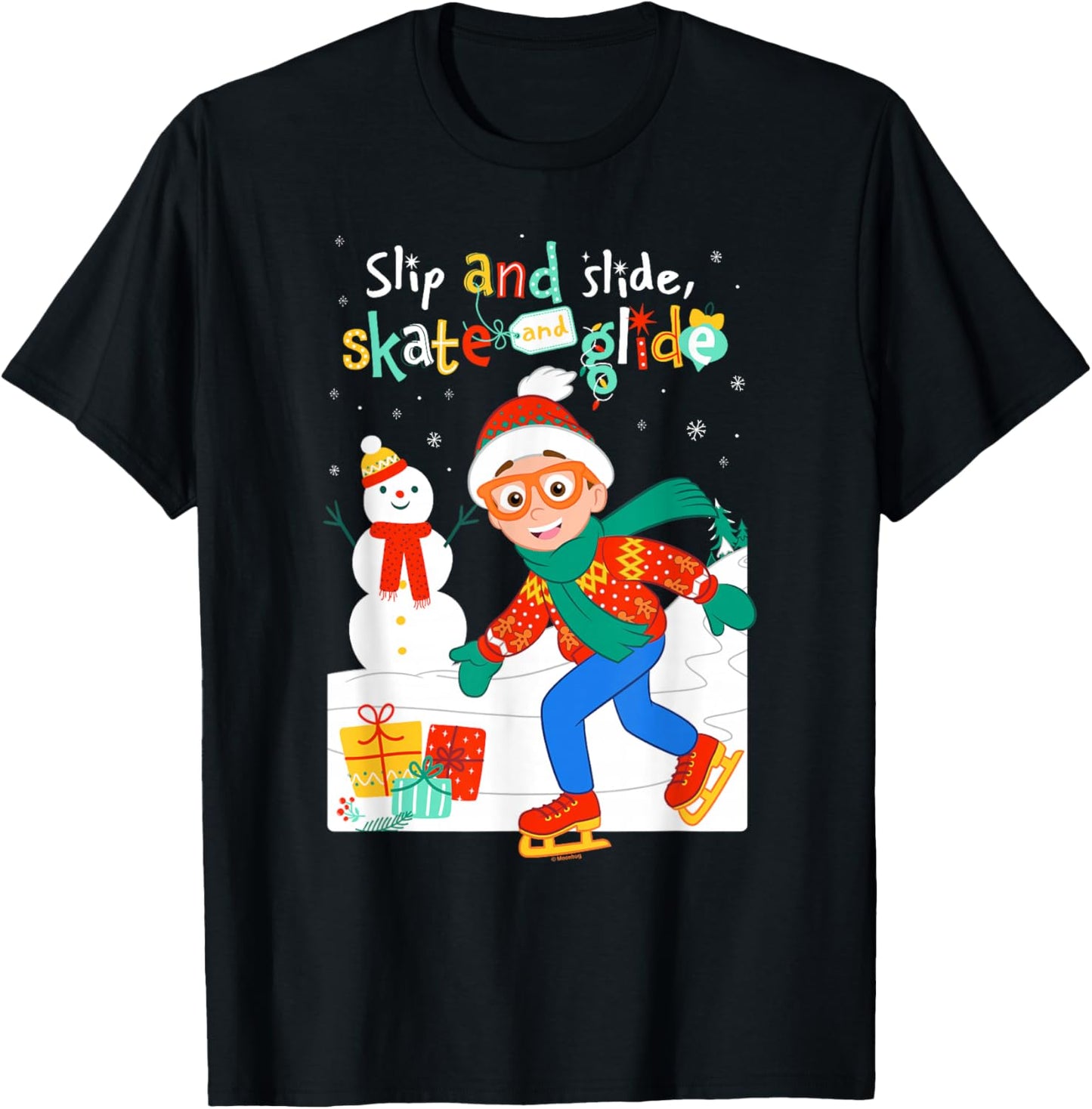 Blippi Christmas Slip Slide Skate Glide T-Shirt - T-Shirt | Black