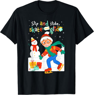 Blippi Christmas Slip Slide Skate Glide T-Shirt - T-Shirt | Black