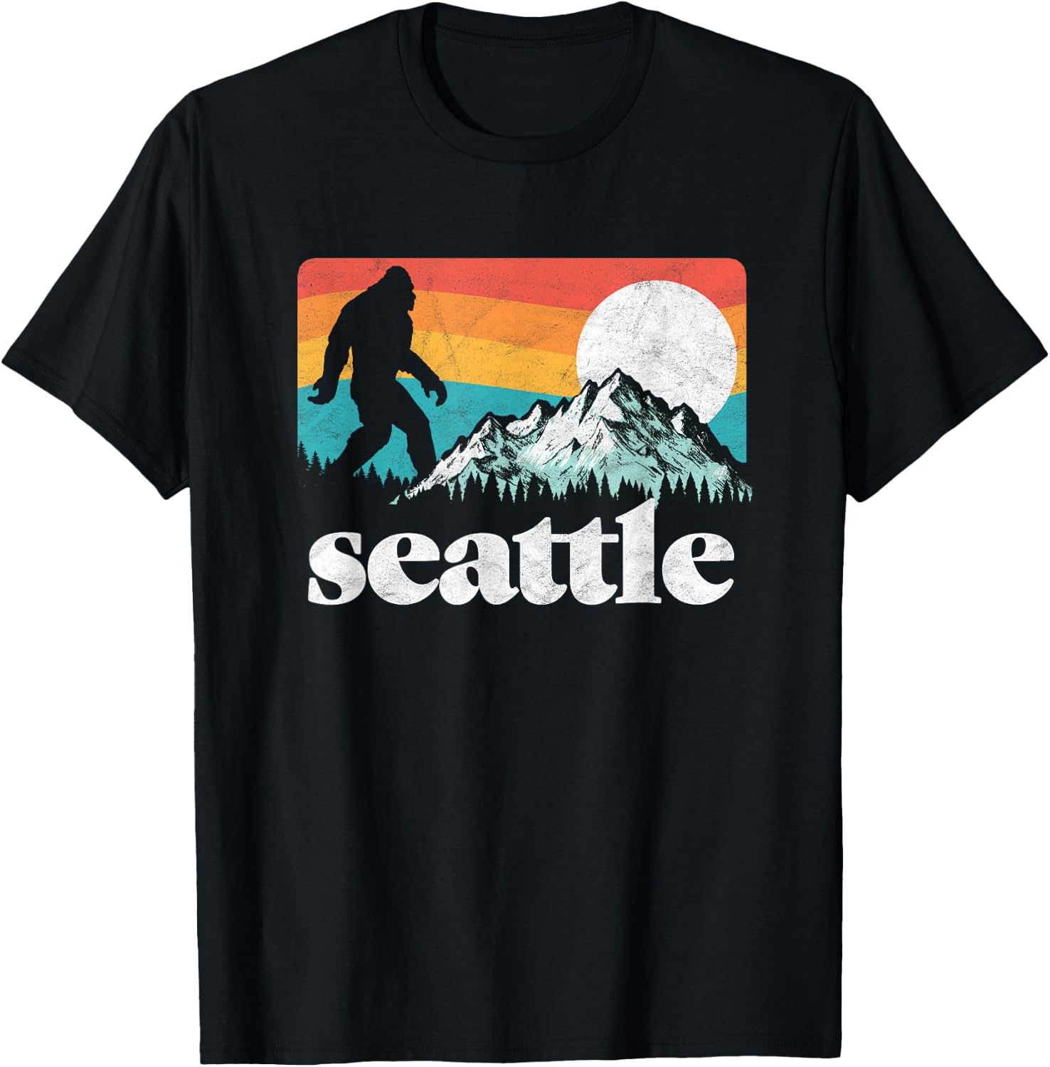 Seattle Washington Bigfoot Mountains Retro Distressed 80s T-Shirt - T-Shirt | Black