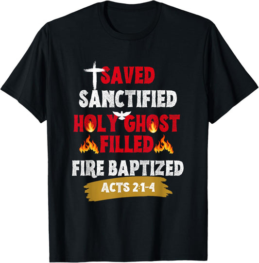 Saved Sanctified Holy Ghost Filled Fired Baptized Pentecost T-Shirt - T-Shirt | Black