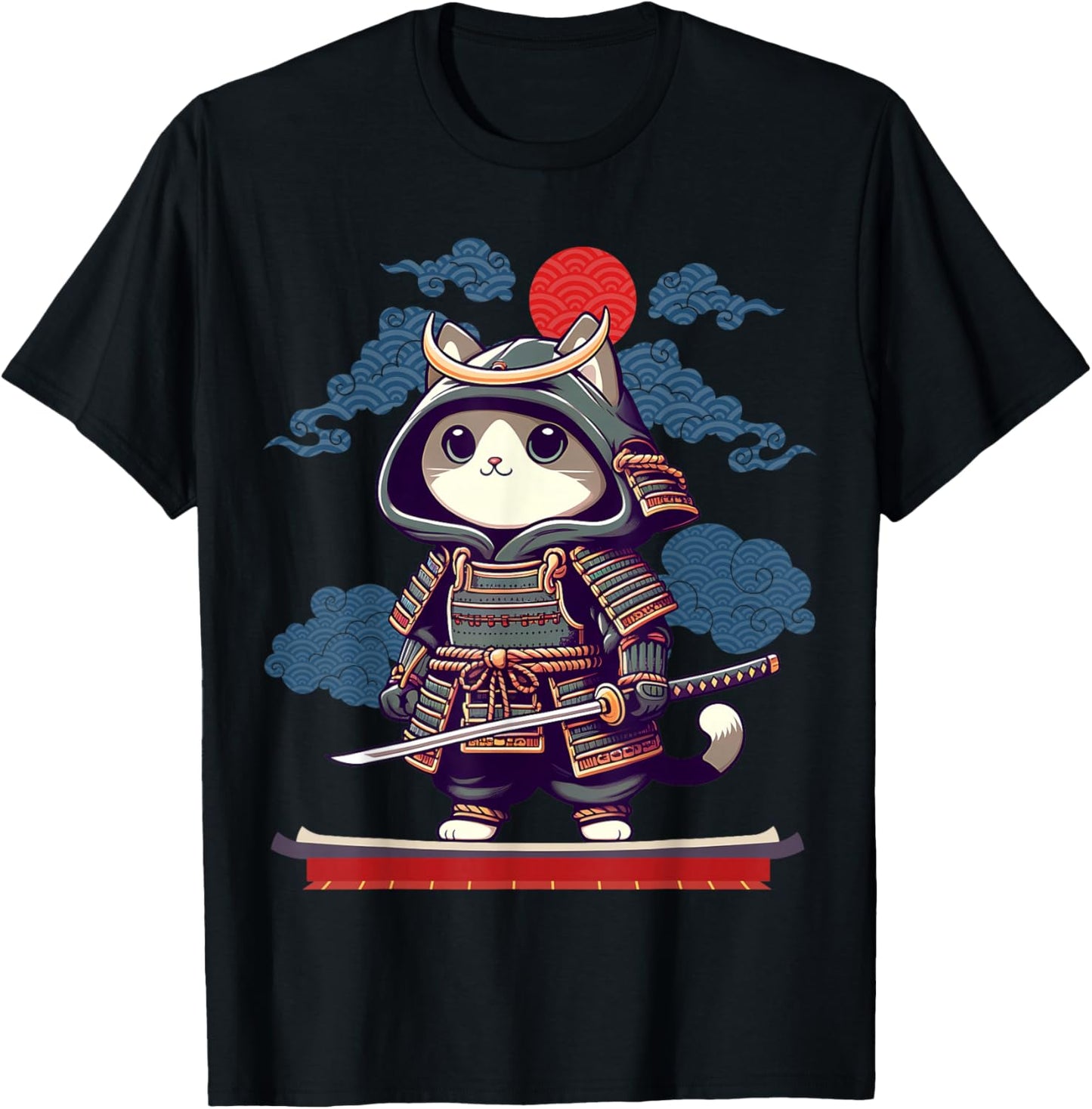 Japanese Samurai Cat Tattoo Kawaii Ninja Cat Anime Cute Kids T-Shirt - T-Shirt | Black