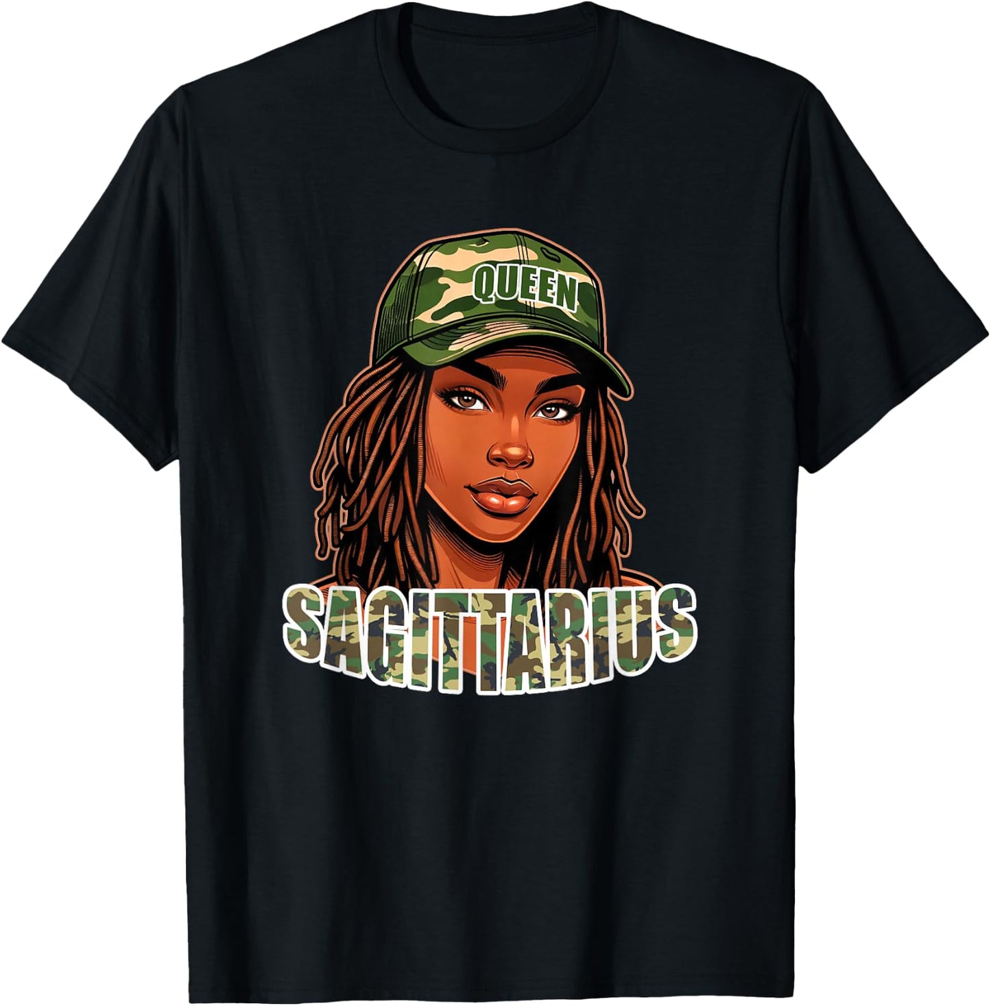 Sagittarius Queen Camo Hat Locs Birthday Black Woman T-Shirt - T-Shirt | Black
