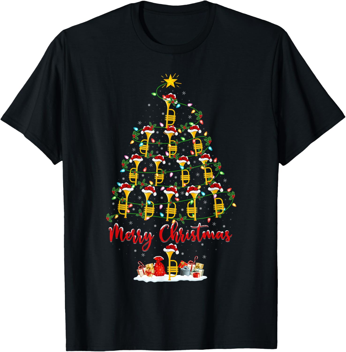 Trumpet Christmas Tree Lights Funny Trumpet Xmas T-Shirt - T-Shirt | Black