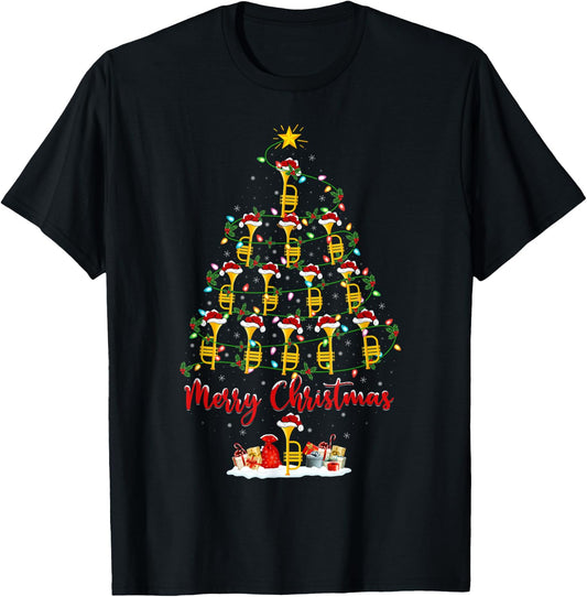 Trumpet Christmas Tree Lights Funny Trumpet Xmas T-Shirt - T-Shirt | Black