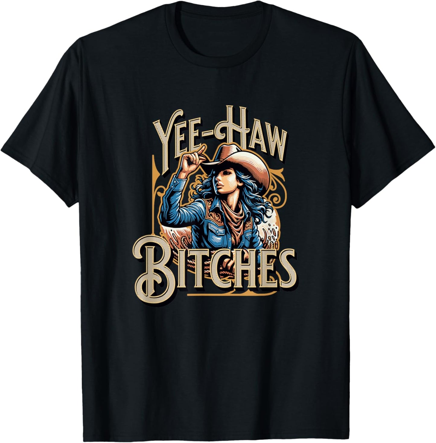 Retro Yee Haw Bitches Funny Yeehaw Western Country Cowgirl T-Shirt - T-Shirt | Black