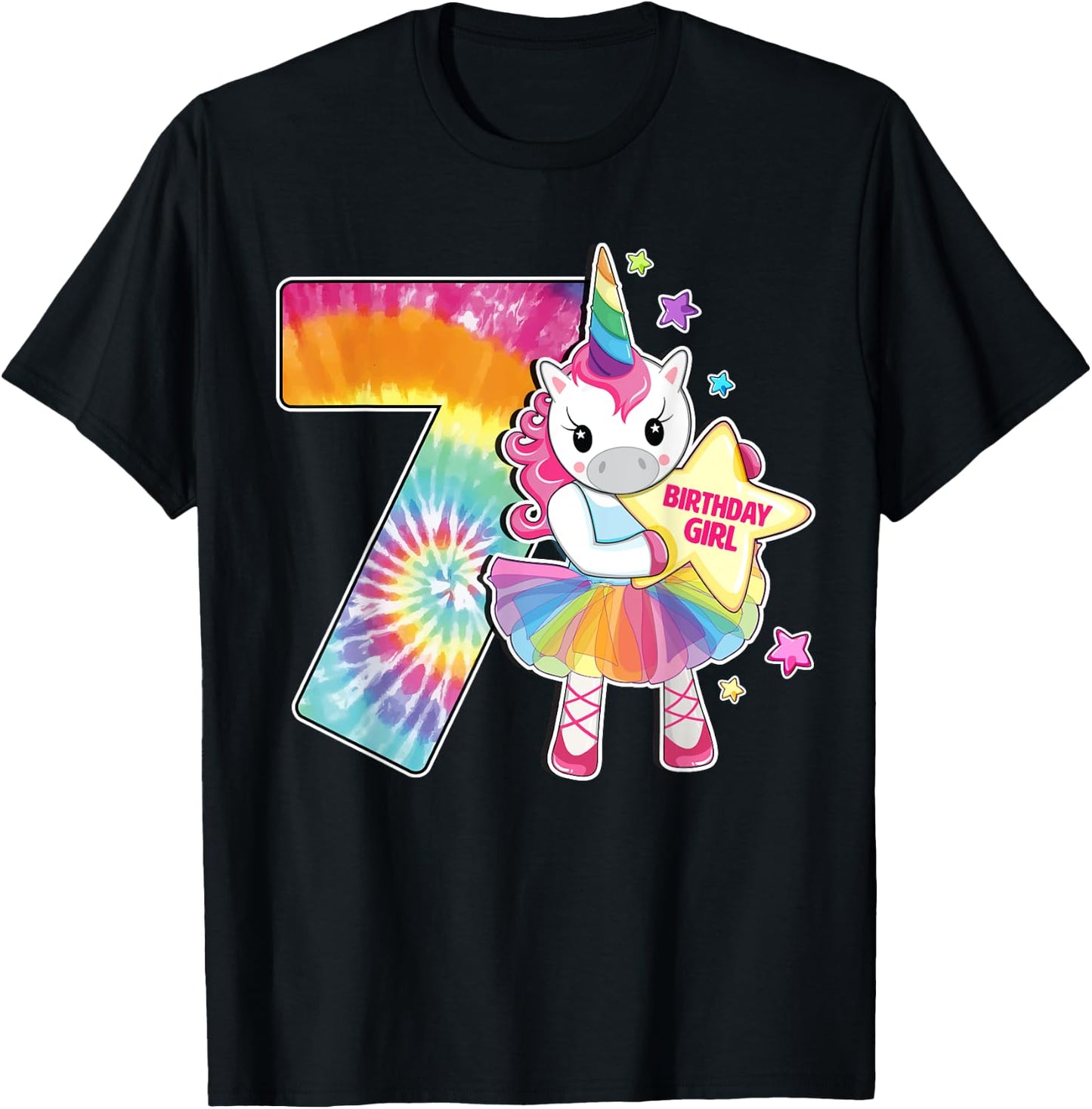 7th Birthday Unicorn Shirt Gift Girls Age 7 Tie Dye T-Shirt - T-Shirt | Black