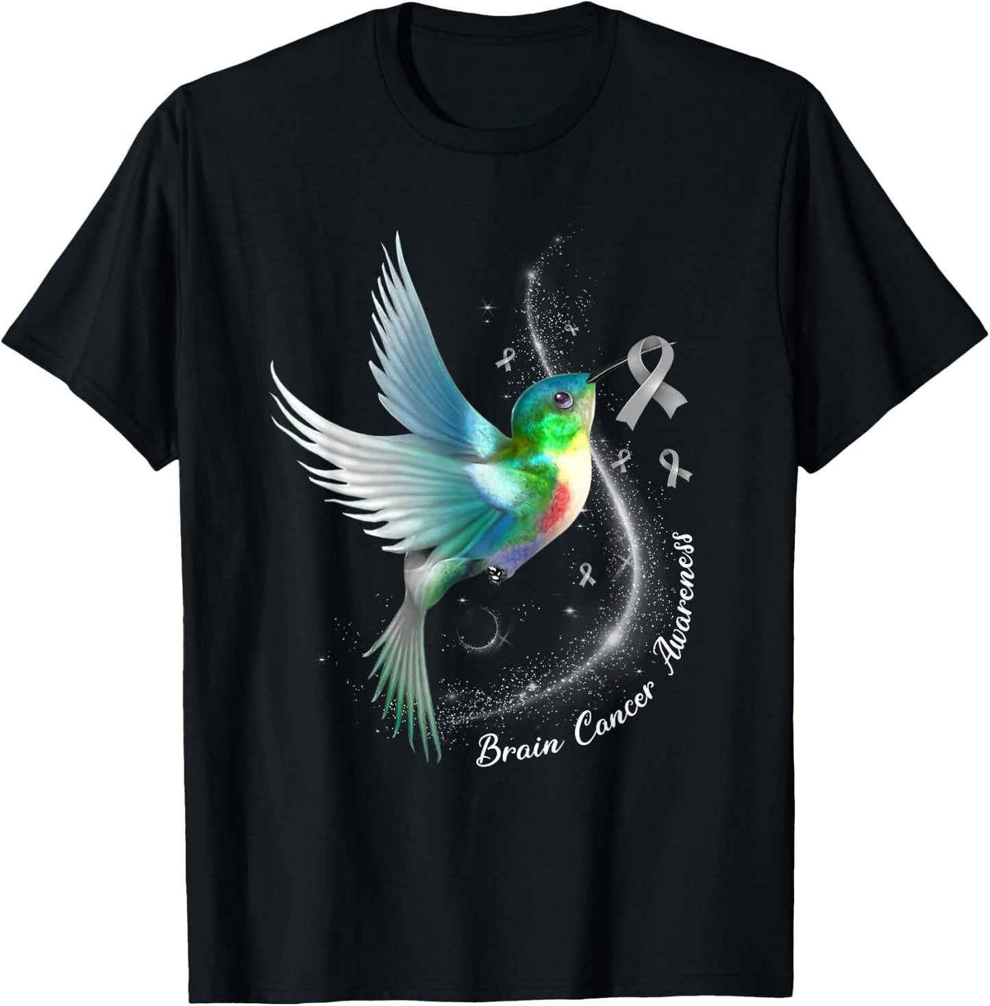 Grey Ribbon Hummingbird Brain Cancer Awareness Month T-Shirt - T-Shirt | Black