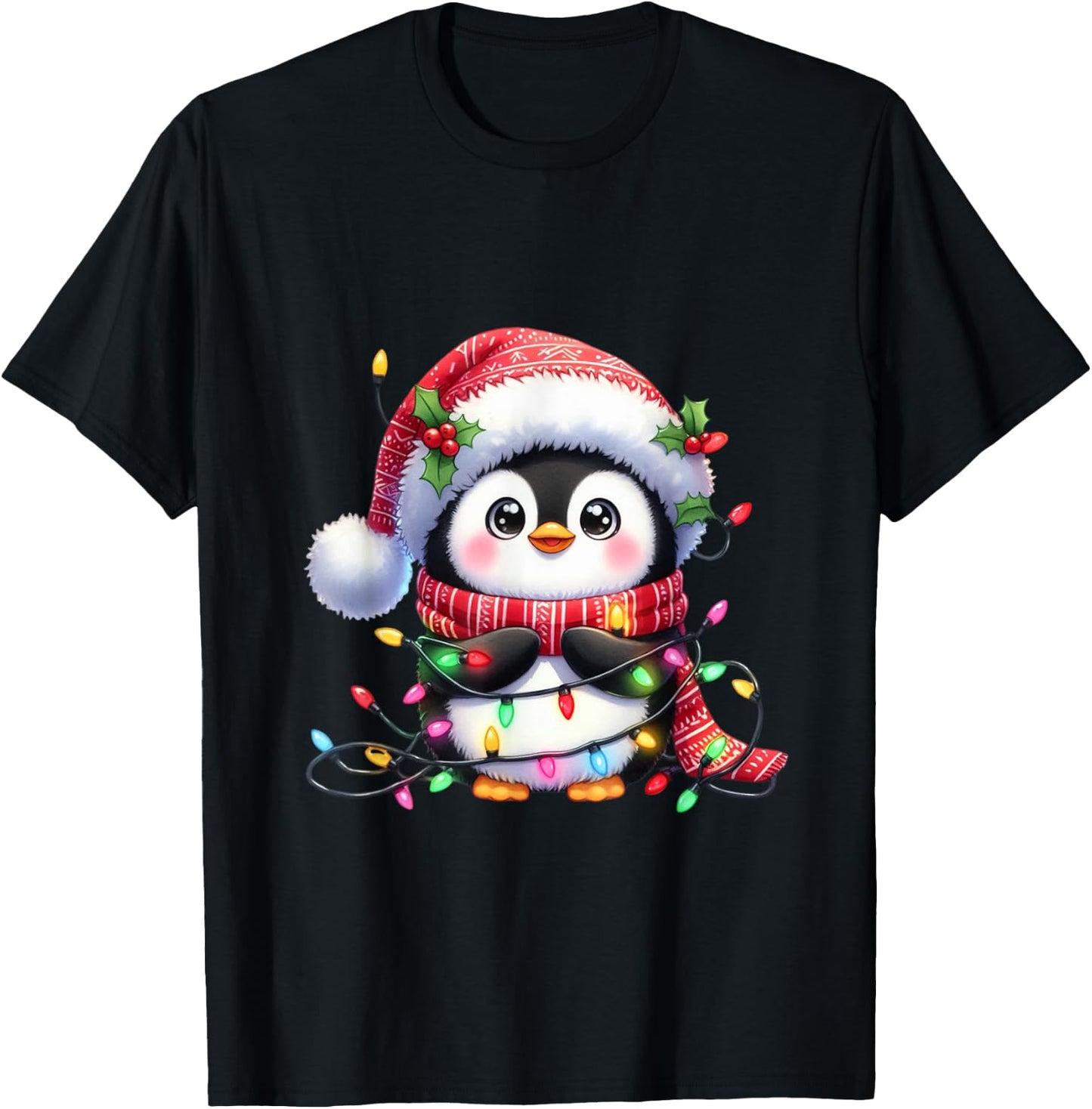 Penguin Christmas Lights Santa Hat Xmas Penguin Lover T-Shirt - T-Shirt | Black