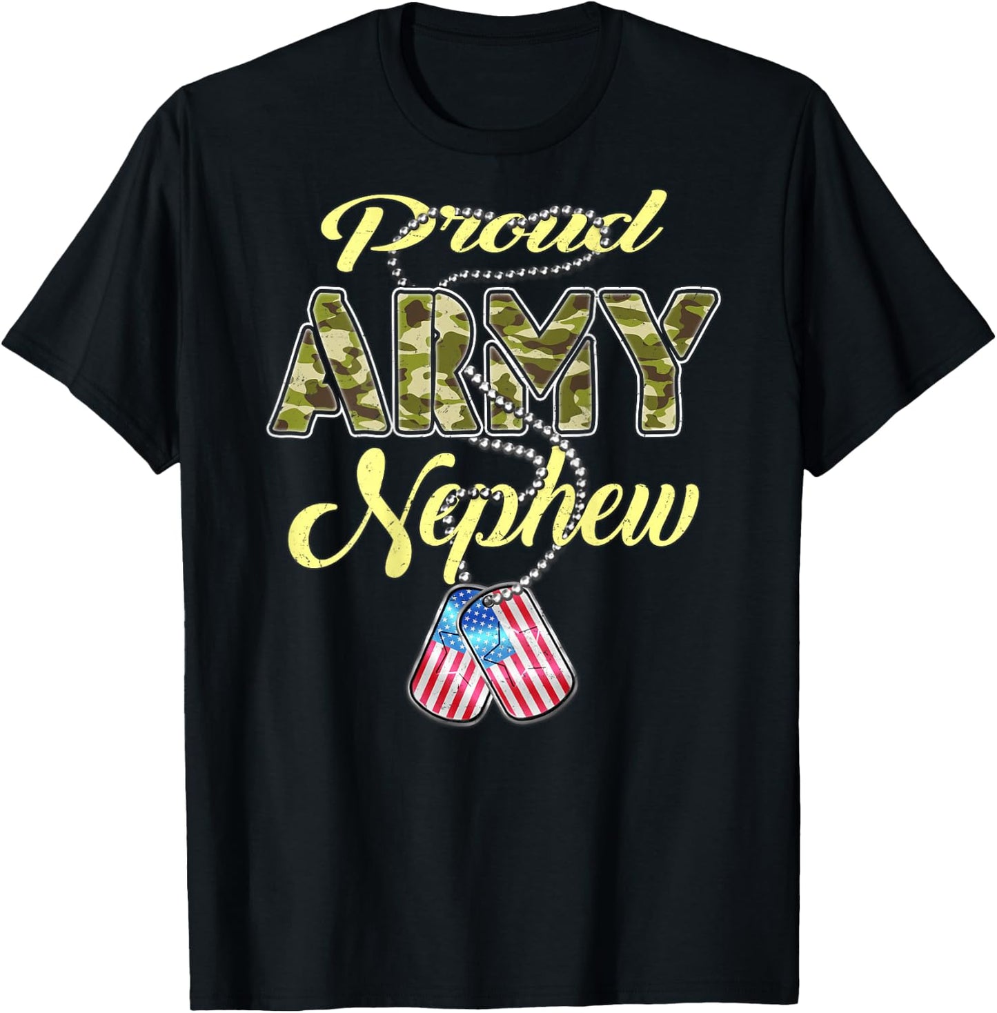 Proud Army Nephew US Flag Dog Tags Pride Military Family T-Shirt - T-Shirt | Black