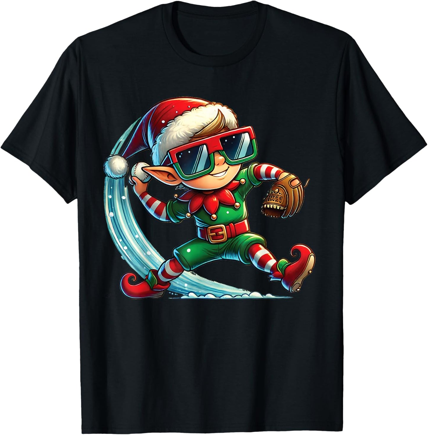 Elf Playing Baseball as Pitcher Boys Kids Teens Christmas T-Shirt - T-Shirt | Black