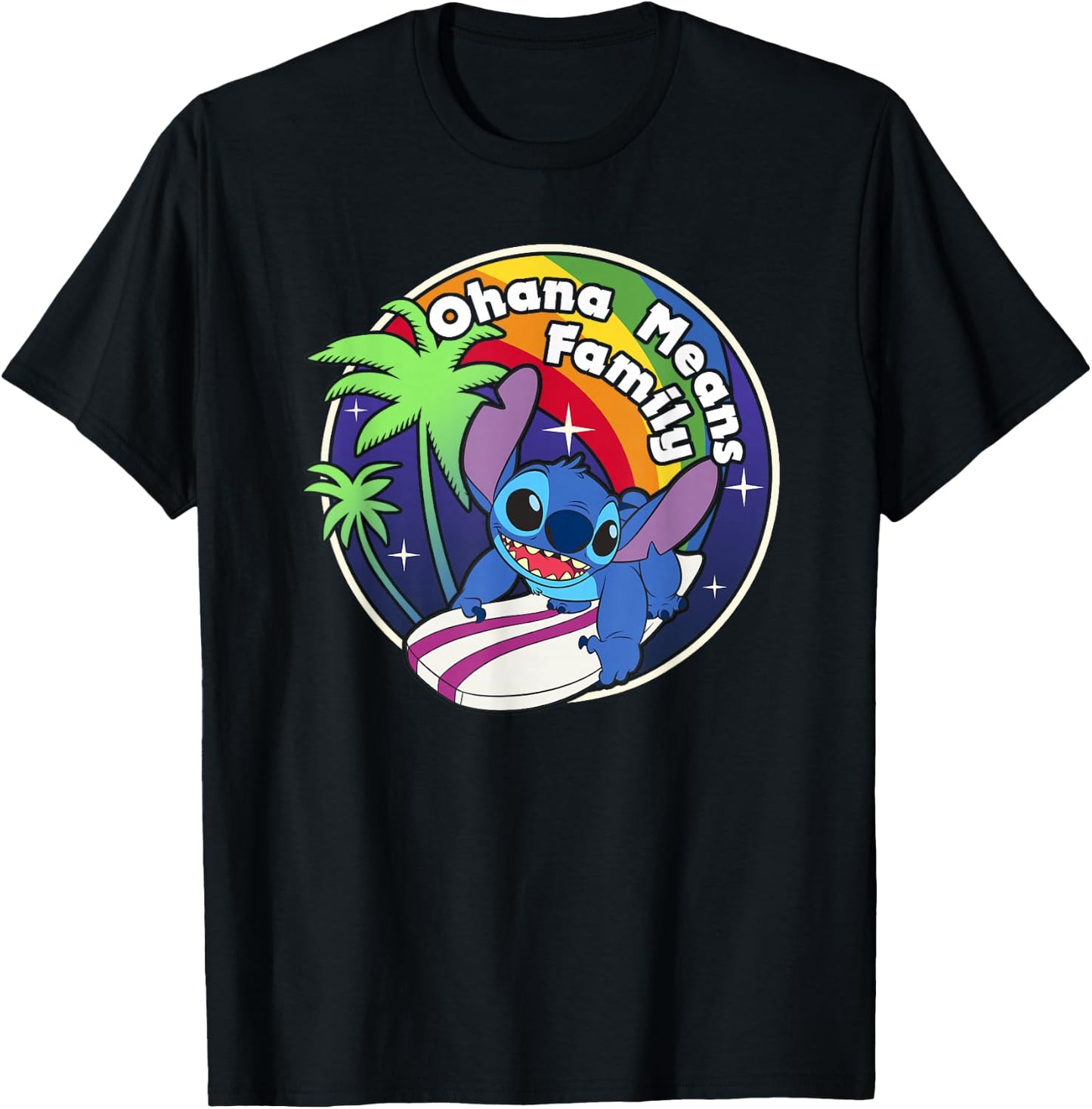 Disney Lilo & Stitch Rainbow Surf Stitch Ohana Means Family T-Shirt - T-Shirt | Black