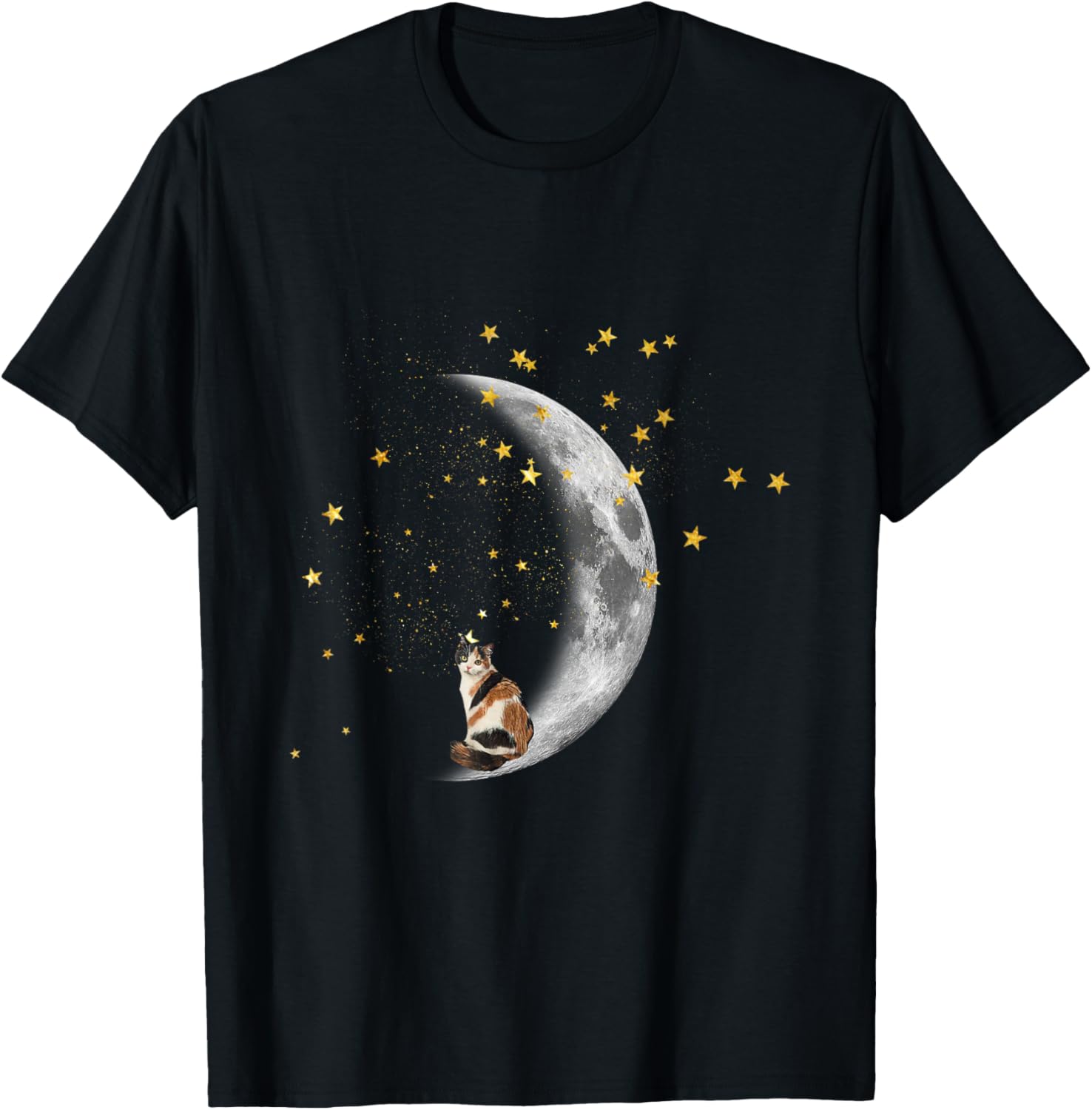 Moon and Stars Calico Cat Women Kids T-Shirt - T-Shirt | Black