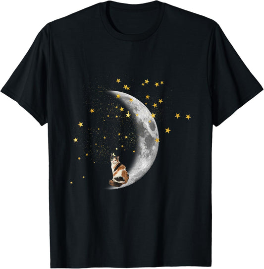Moon and Stars Calico Cat Women Kids T-Shirt - T-Shirt | Black
