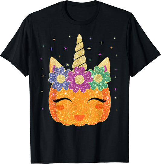 Unicorn Pumpkin - Halloween Thanksgiving Girls Boys T-Shirt - T-Shirt | Black