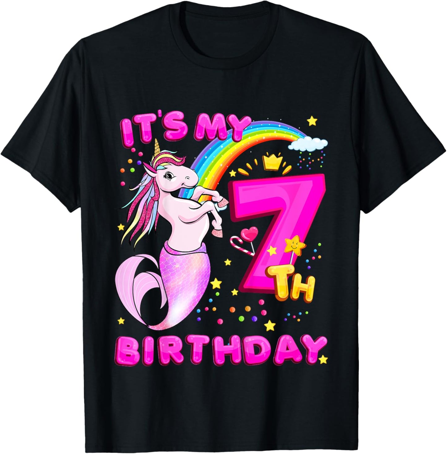 7th Birthday Unicorn Mermaid Girls 7 Years Old Mermicorn T-Shirt - T-Shirt | Black