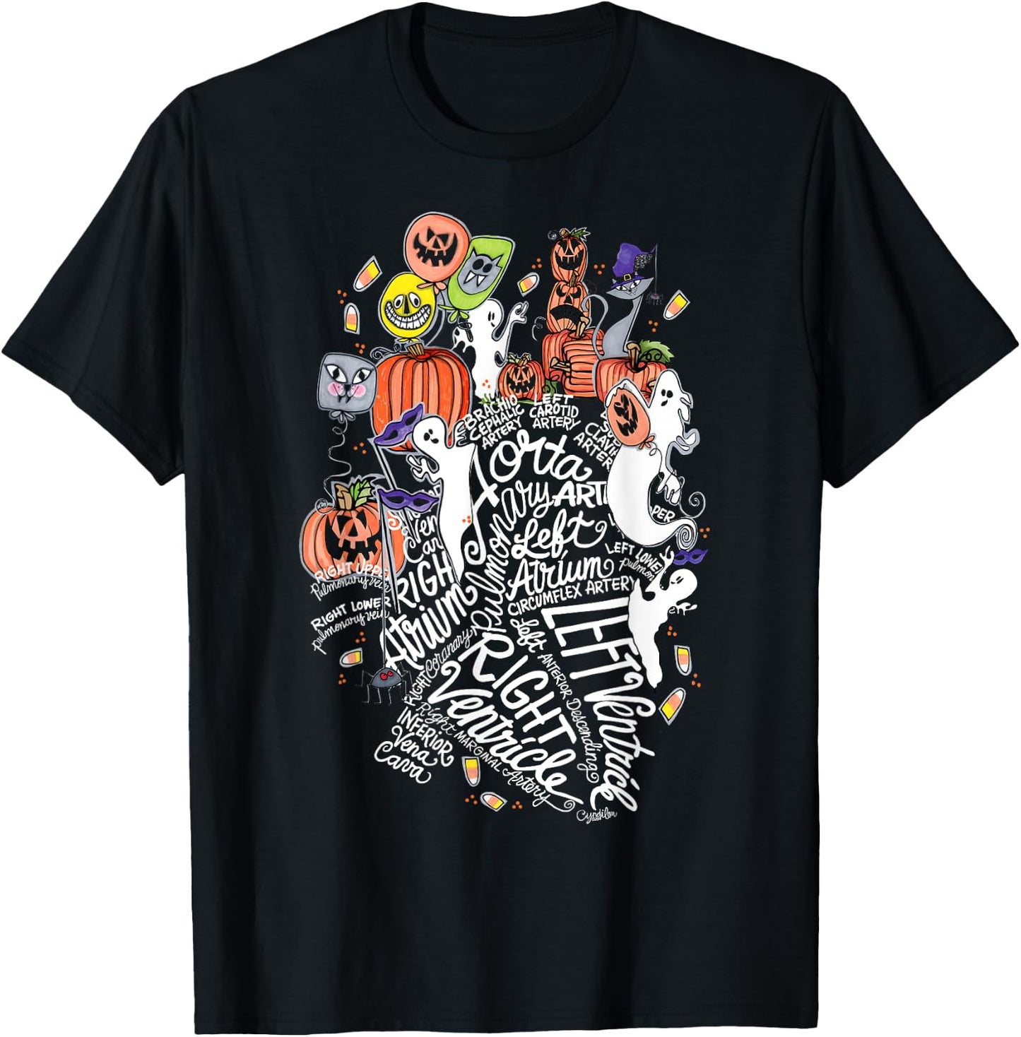 Anatomical Heart Halloween Medical White Word Cloud Line Art T-Shirt - T-Shirt | Black